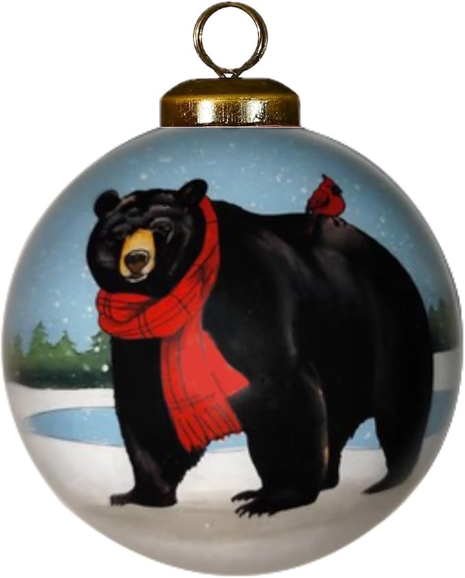 Black Bear Ornament with Red Scarf and Cardinal – Hand-Painted Glass Wildlife Christmas Ornament for Woodland Holiday Décor, Rustic Cabin Theme