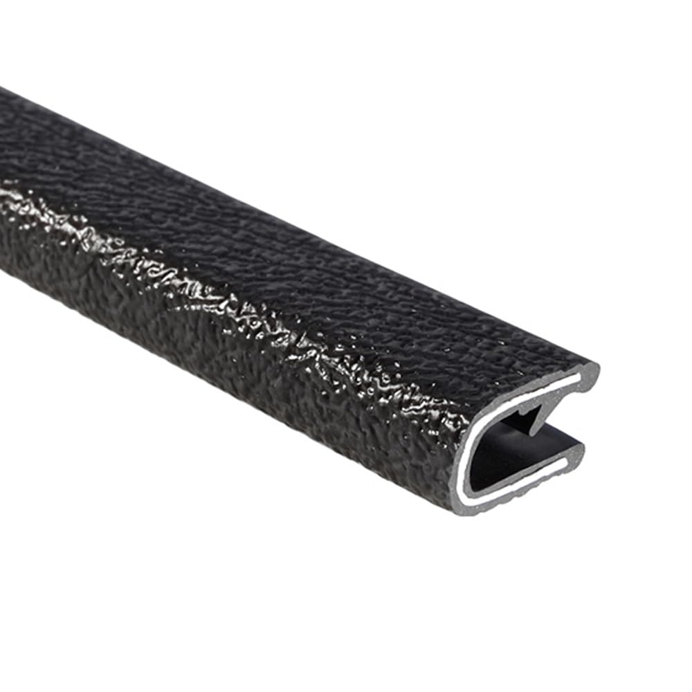 TRIM-LOK Edge Trim - Fits 3/16" Edge, 17/32” Leg Length, 25’ Length - Single Gripping Finger - Black, Pebble Texture - Flexible PVC Edge Protector