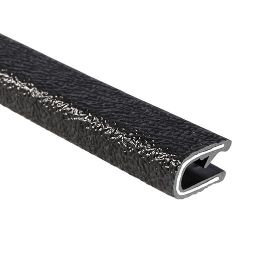 TRIM-LOK Edge Trim - Fits 3/16" Edge, 17/32” Leg Length, 25’ Length - Single Gripping Finger - Black, Pebble Texture - Flexible PVC Edge Protector