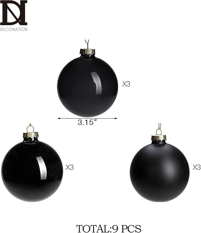 DN DECONATION Black Glass Christmas Ornaments, 3.15” Christmas Ball Hanging Christmas Baubles for Xmas Tree Decoration, Set of 9 Decor for Gothic DIY Gift