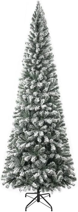 Naomi Home 7.5ft Slim Snow Flocked Christmas Tree with Lights,Realistic Frosted Skinny Pencil Prelit with 1102 Branch Tips, 350 Warm Lights & Metal Stand, Aritificial Tree