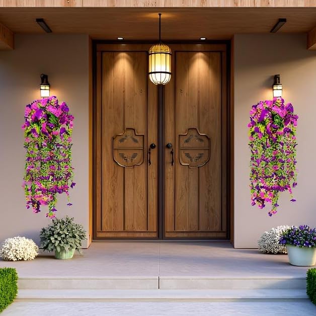 2 Packs Artificial Hanging Fake Flowers for Outdoors UV Fade Resistant Plastic Faux Plants Outside 30 inch 132 Stems Daisy Eucalyptus for Gardens Patio Porch Yard Indoor Home Decorations