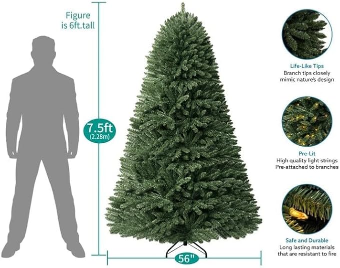 Naomi Home 7.5ft Christmas Tree with Lights Realistic Spruce Christmas Tree Prelit with Foot Pedal 1717 Branch Tips 550 Warm Lights and Metal Stand Aritificial Tree arbol De Navidad