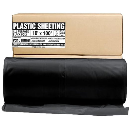 Aluf Plastics Black Plastic Sheeting - 10' x 100', 6 MIL Heavy Duty Gauge - Vapor and Moisture Barrier Sheet Tarp/Drop Cloth for Painting, Furniture Covers, Carpet Cover, Floor, Paint, Painters