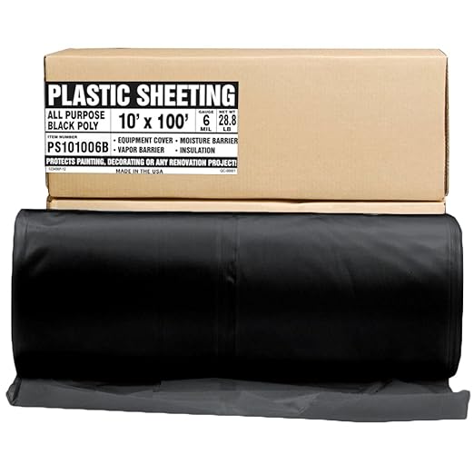 Aluf Plastics Black Plastic Sheeting - 10' x 100', 6 MIL Heavy Duty Gauge - Vapor and Moisture Barrier Sheet Tarp/Drop Cloth for Painting, Furniture Covers, Carpet Cover, Floor, Paint, Painters