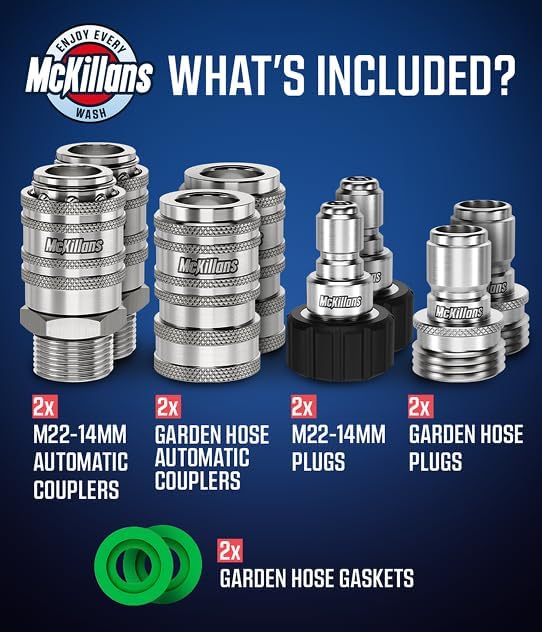 McKillans® 2025 Automatic M22-14mm Pressure Washer Quick Connect Kit - M22 to 3/8 Quick Connect Pressure Washer Fittings - Power Washer Accessories - Hose Adapter Set - 8-Piece Kit (Stainless Steel)