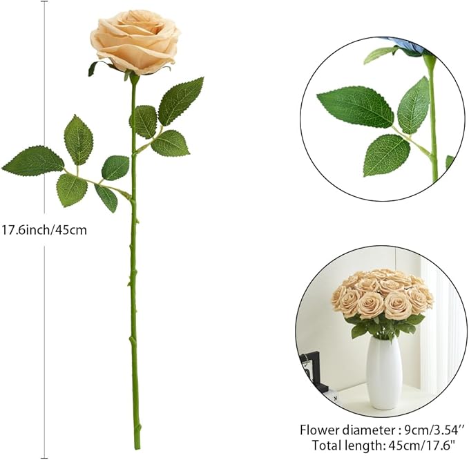15pcs Fake Roses Artificial Silk Flowers Faux Rose Flower Long Stems Bouquet for Arrangement Wedding Centerpiece Party Home Kitchen Decor