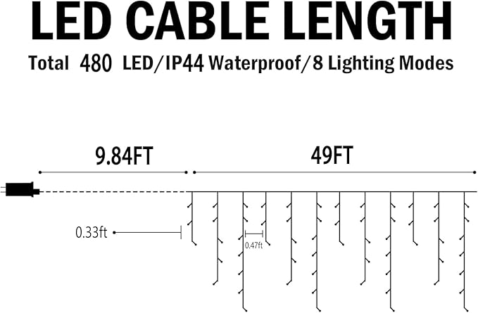 Christmas Lights Outdoor, 49FT 480 LED Ice Lights for Outside, 90 Drops Ice String Lights with 8 Modes, Waterproof Timer & Memory for Outside Decor, Yard, Garden, Eaves, Patio, Party (Multicolor)