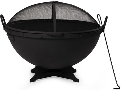 Ash & Ember 32in Hemisphere Fire Pit with Screen and Poker, Cast Iron High-Temperature Black Paint Fire Bowl, Wood Burning Backyard Fireplace, Portable Outdoor Firepit