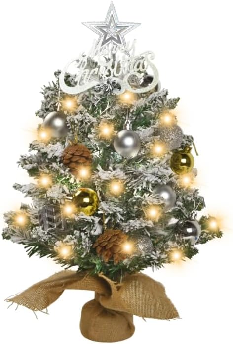 Mini Christmas Tree,21 inch Prelit Christmas Trees,Small Christmas Tree with Lights,Table Top Xmas Tree with Star Treetop and Hanging Ornament,Christmas Decorations Indoor for Home, Office, Holiday
