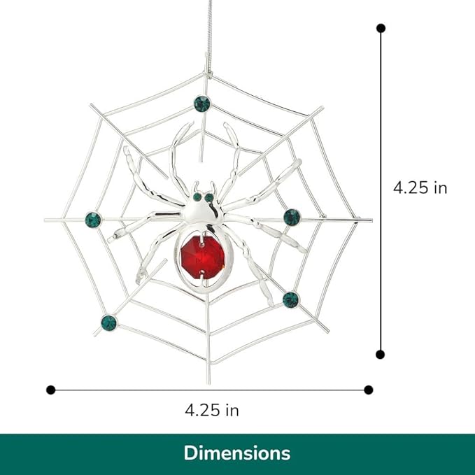 Matashi Silver Plated Christmas Tree Spider Ornament w Red, Green Crystals Lucky Hanging Decoration, Holiday Ornament Gift, Unique Spider Decor for Christmas & Halloween Party w Tinsel Legend Story