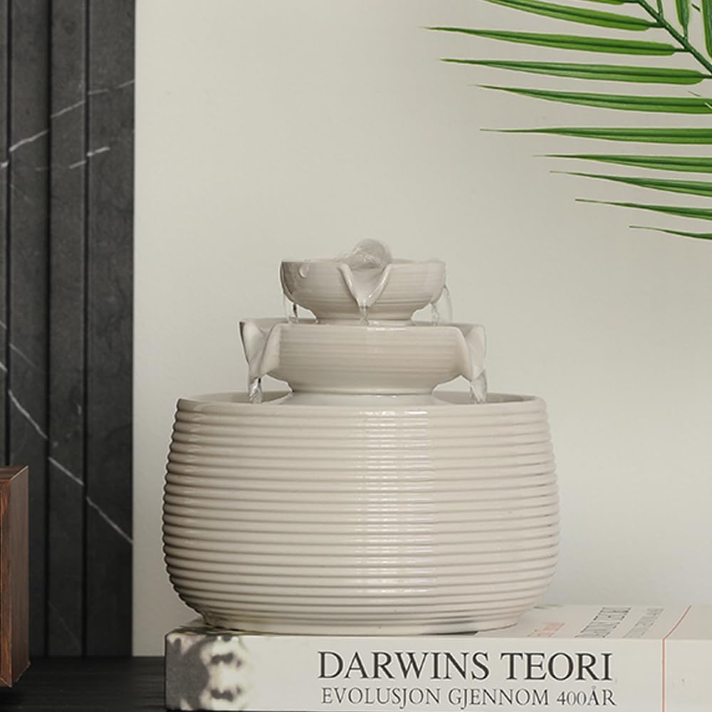 Outdoor and Indoor Water Feature Fountain Waterfall Tabletop Desktop mini Ceramic Garden Fountain (White A170)