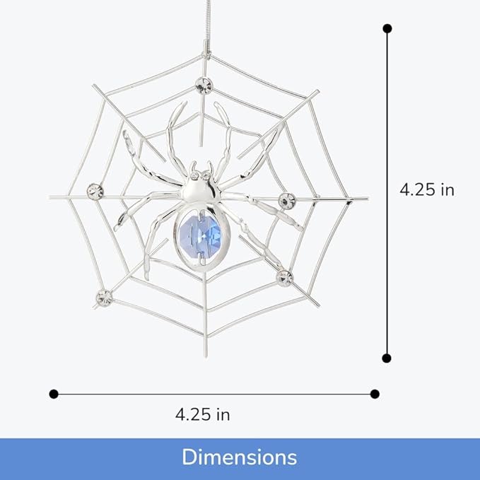 Matashi Silver Plated Christmas Tree Spider Ornament w Blue, Clear Crystals Lucky Hanging Decoration, Holiday Ornament Gift, Unique Spider Decor for Christmas & Halloween Party w Tinsel Legend Story