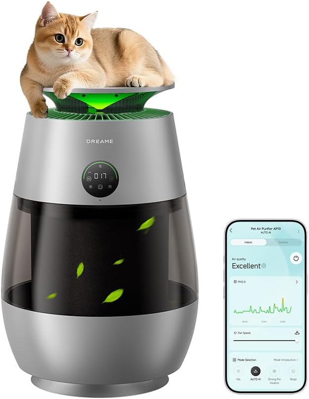 ‌Dreame Pet Air Purifier AP10 for Home Large Room, Cleans 5,386 ft² in One Hour, Smart Air Cleaner with 360° Visual Collection of Cat Hair, 3 Filters for Odor Purification, ‌Pet-Friendly Design, Grey