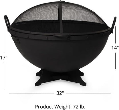 Ash & Ember 32in Hemisphere Fire Pit with Screen and Poker, Cast Iron High-Temperature Black Paint Fire Bowl, Wood Burning Backyard Fireplace, Portable Outdoor Firepit