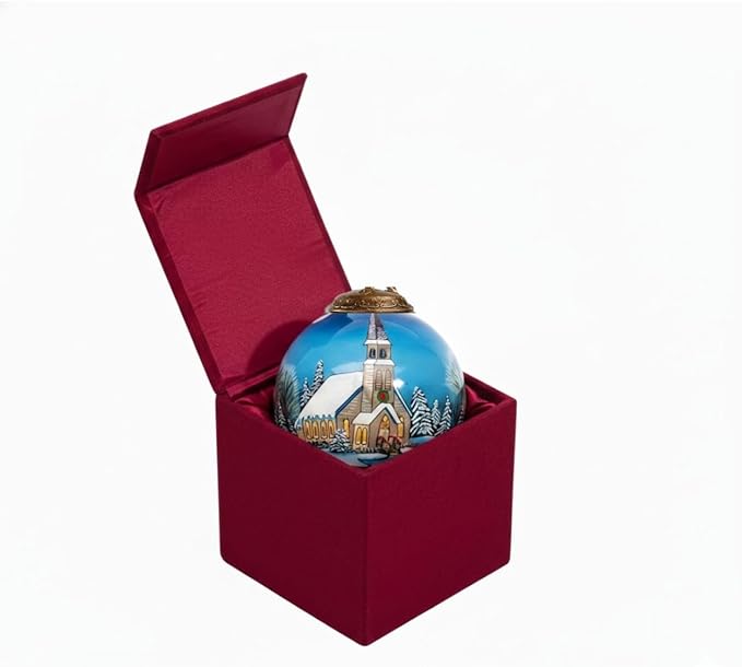 Church Christmas Ornament – Hand-Painted Glass Collectible with Snowy Chapel & Winter Trees – Reverse Painted Church Ornament for Christmas Tree, Holiday Village Décor with Gift Box