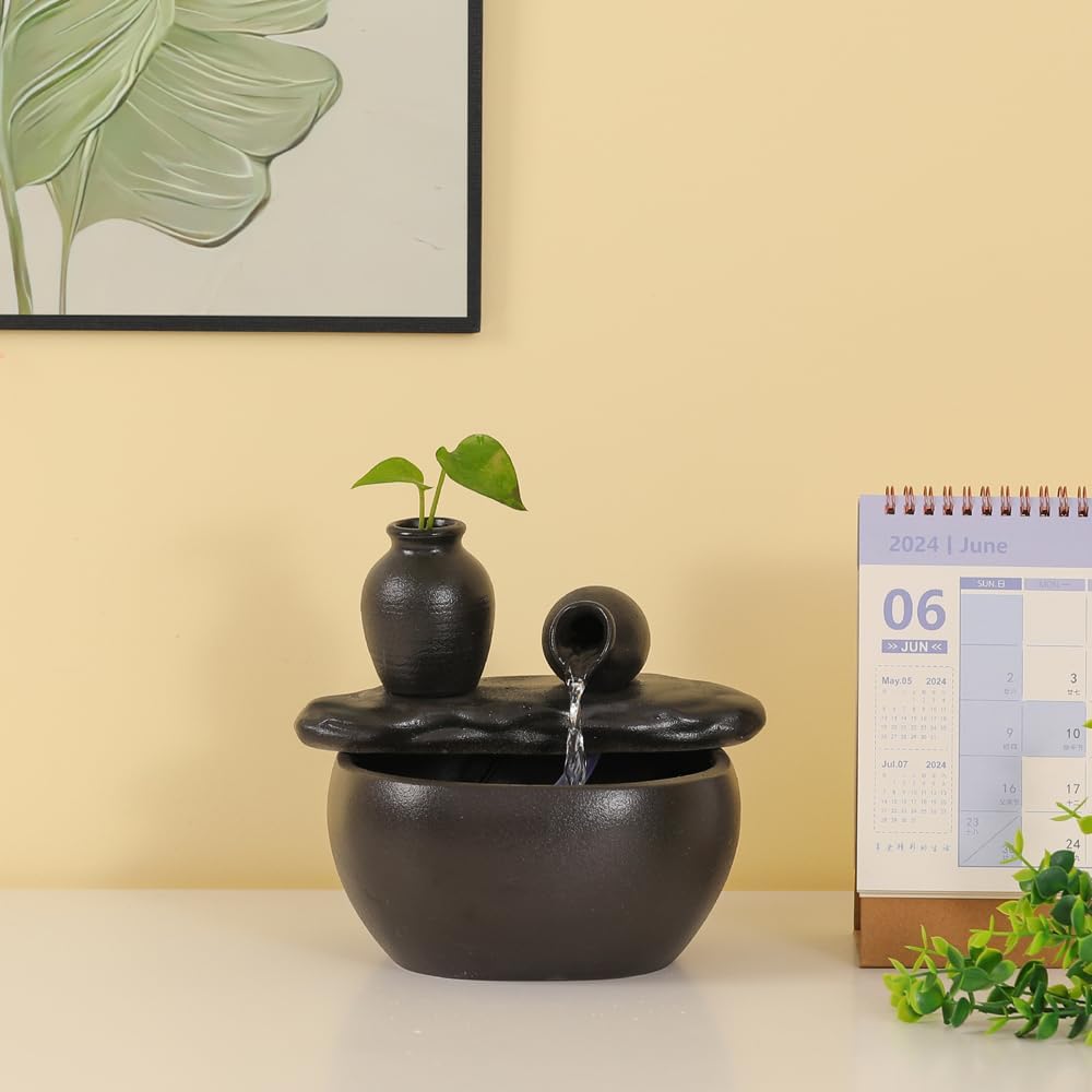 Ceramic Tabletop Fountain for Indoor and Home Decoration Table Desk Office Patio (Ceramic Pot Fountain) (Black)