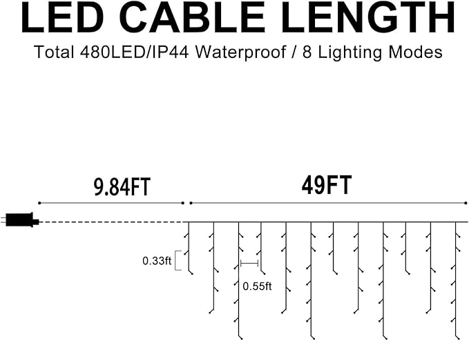 Heceltt Christmas Lights Outdoor, 49FT 480 LED Ice Lights for Outside, 90 Drops Ice String Lights with 8 Modes, Waterproof Timer & Memory for Yard, Garden, Eaves, Patio, Party (Blue and Cool White)