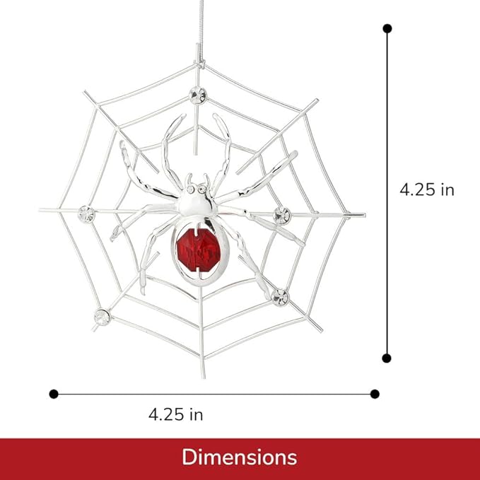 Matashi Silver Plated Christmas Tree Spider Ornament w Red, Clear Crystals Lucky Hanging Decoration, Holiday Ornament Gift, Unique Spider Decor for Christmas & Halloween Party w Tinsel Legend Story