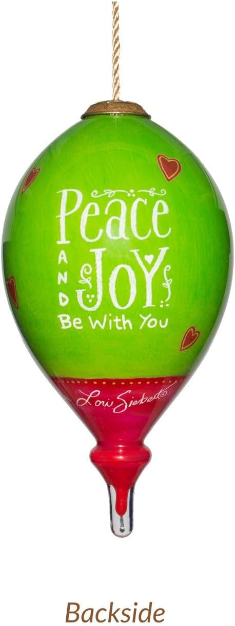 Angel of Peace Hand-Painted Glass Ornament – Green & Red Teardrop with Angel Holding Heart and “Peace and Joy Be with You” Message – Inspirational Christmas Keepsake