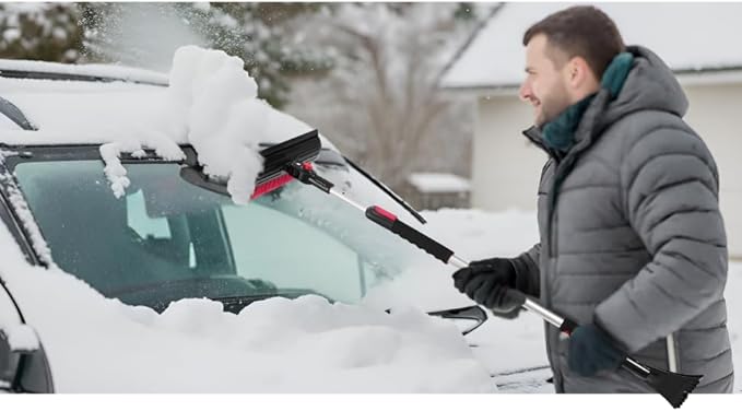POWERJET 39”- 61” 3-1 Pivot Long Snow Brush with Ice Scrapper (C80000), Window Squeegee, Snow Broom Head, Pin Lock Telescopic with Soft EVA Grip, Ice Scraper Combo, Cars, SUVs