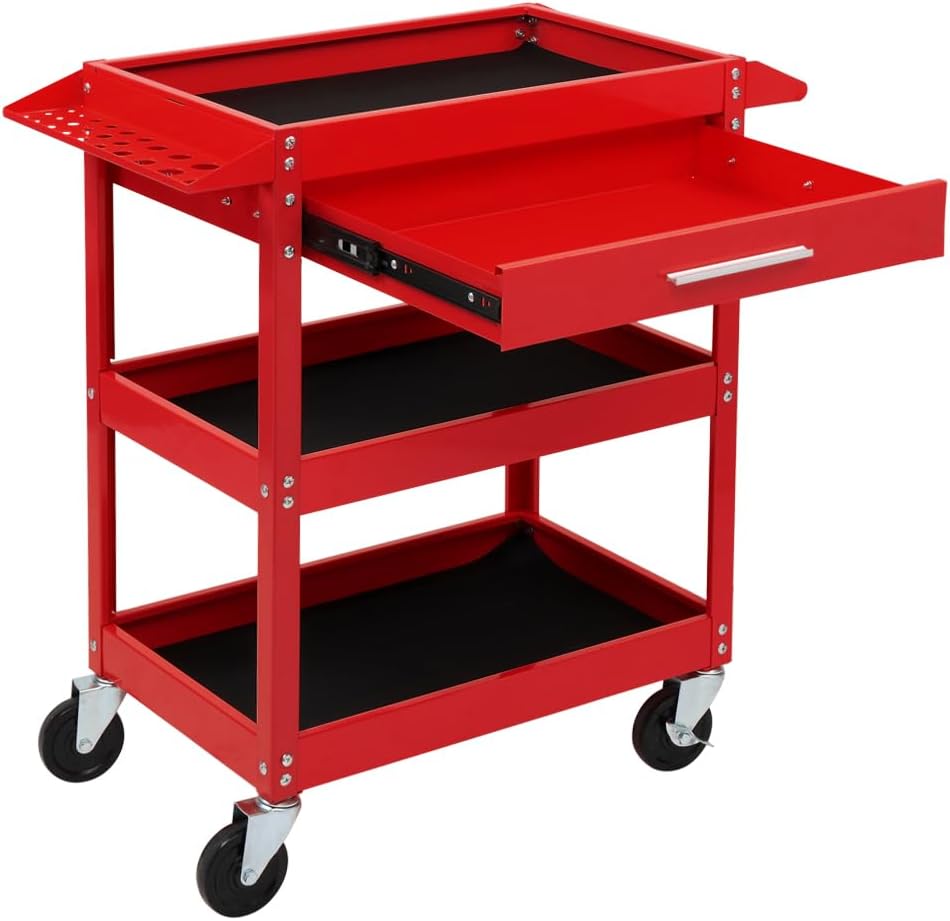 TUFFIOM 3 Tier Rolling Tool Cart with Drawer, Tool Service Cart on Wheels w/2 Brake, 330 LBS Capacity Industrial Heavy Duty Utility Cart, Tool Organizer for Mechanic, Garage, Warehouse & Repair Shop