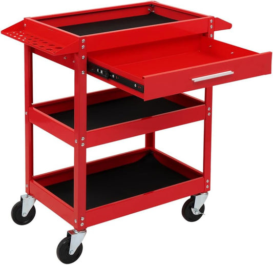 TUFFIOM 3 Tier Rolling Tool Cart with Drawer, Tool Service Cart on Wheels w/2 Brake, 330 LBS Capacity Industrial Heavy Duty Utility Cart, Tool Organizer for Mechanic, Garage, Warehouse & Repair Shop