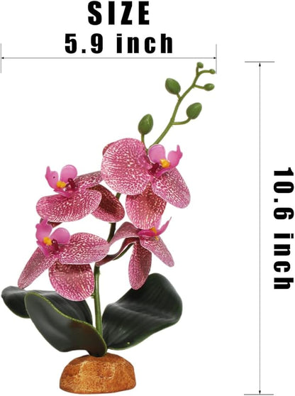 Fake Orchids Artificial Flowers, Reptile Terrarium Decor Plants, Bearded Dragon Tank Accessories fit Crested Gecko Leopard Lizard Chameleon Ball Python Snake Frog - Red