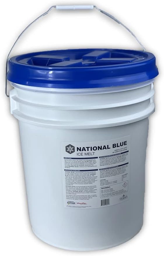 National Blue Snow Salt Ice Melt 50lb Bucket - Fast Acting Ice Melter - Pet, Plant and Concrete Friendly, Environmentally Safe - Free of Magnesium Chloride - Melts to -15°F
