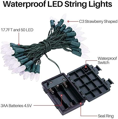 Battery Operated String Lights - 18ft 50 LED C3 String Lights Christmas Lights Battery Powered String Lights for Indoor Outdoor Christmas Tree Wreath Party Decoration, Waterproof, Warm White 2 Pack