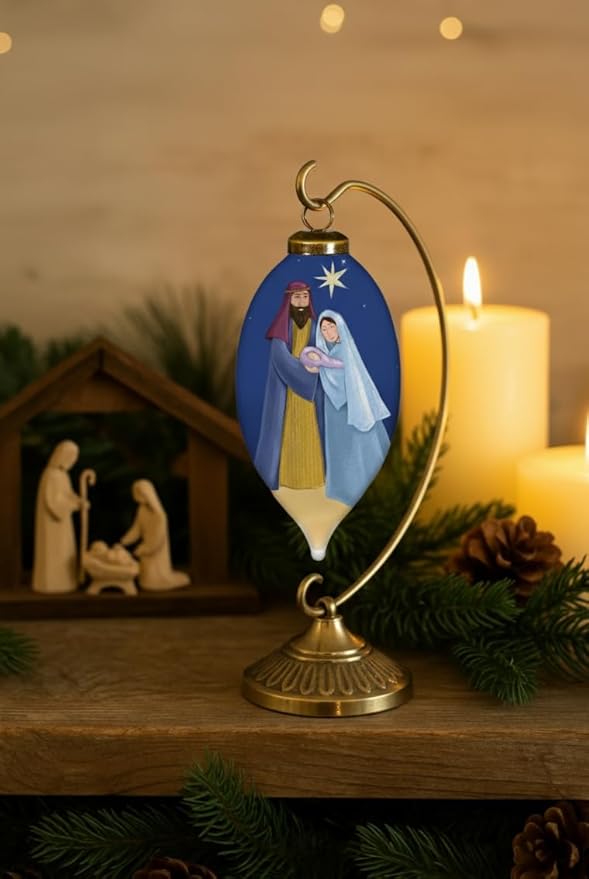 Holy Family Nativity Ornamen–Hand-Painted Glass Holy Family Christmas Ornament – Baby Jesus in Manger Scene – Religious Christian Ornament – Catholic Keepsake