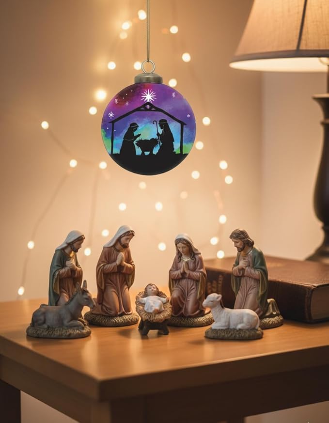 Starlight Nativity Ornament–Hand-Painted Glass Nativity Scene Christmas Ornament, Religious Christian Holy Family Ornament, Catholic, Manger Baby Jesus for Christian Holiday Décor