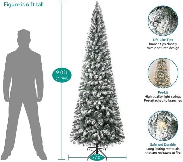 Naomi Home 9ft Slim Snow Flocked Christmas Tree with Lights, Realistic Frosted Skinny Pencil Christmas Tree Prelit with 1455 Branch Tips, 500 Warm Lights and Metal Stand, Aritificial Xmas Tree
