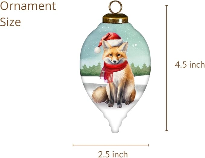 Glass Fox Ornament – Woodland Christmas Decoration with Santa Hat, Cardinals & Gifts – “Warm Winter Wishes” Collectible – Fox Gift for Nature Lovers – 4.5” Teardrop Ornament with Gift Box