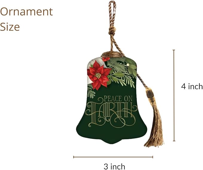 Peace on Earth Bell Ornament– Hand-Painted Glass Christmas Ornament – Green Bell Holiday Decoration with Poinsettias – Peace on Earth Christmas Ornament