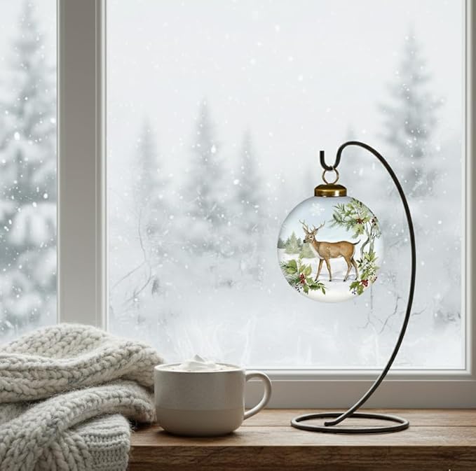 Winter Deer Ornament – Hand-Painted Woodland Buck Scene – Whitetail Glass Deer Christmas Ornament – 3" Round Collectible – Deer Hunting Gift