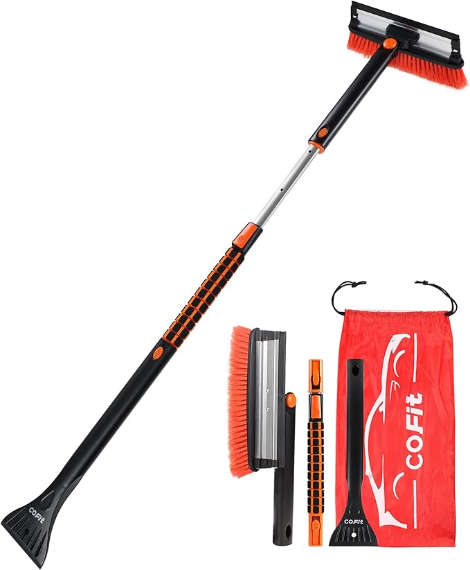 COFIT Car Snow Brush with Ice Scraper and Squeegee 3 in 1, 50" Extendable Cleaning Kit Long Handle, Windshield Snow Removal Tool Scratch Free, SUV Truck RV Window Roof Exterior Wash Supplies, Orange