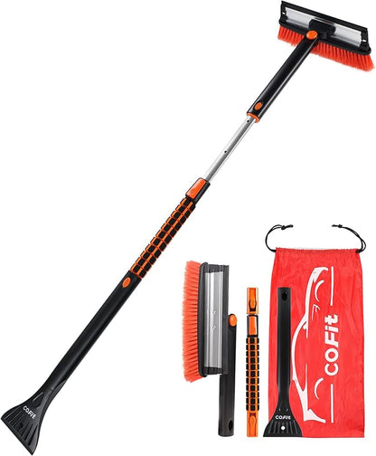 COFIT Car Snow Brush with Ice Scraper and Squeegee 3 in 1, 50" Extendable Cleaning Kit Long Handle, Windshield Snow Removal Tool Scratch Free, SUV Truck RV Window Roof Exterior Wash Supplies, Orange