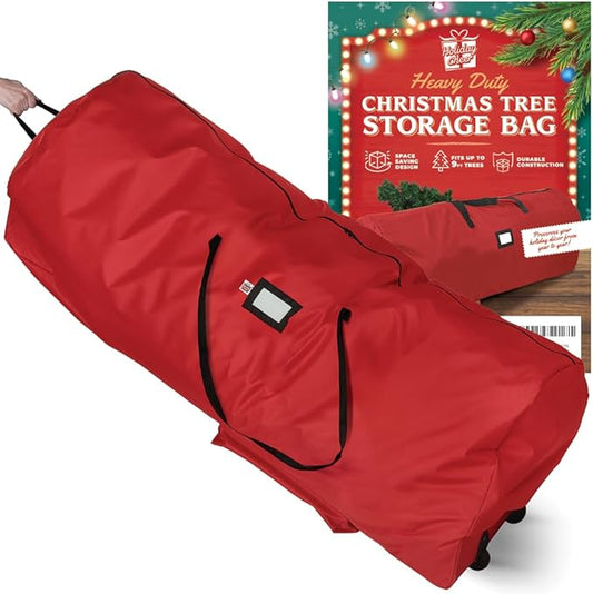 Holiday Cheer Christmas Tree Storage Bag with Wheels – Heavy Duty Christmas Tree Bag Fits Up to 9ft Tall Artificial Christmas Tree, Waterproof, Durable Handles & Zipper – Xmas Tree Storage Bag (Red)