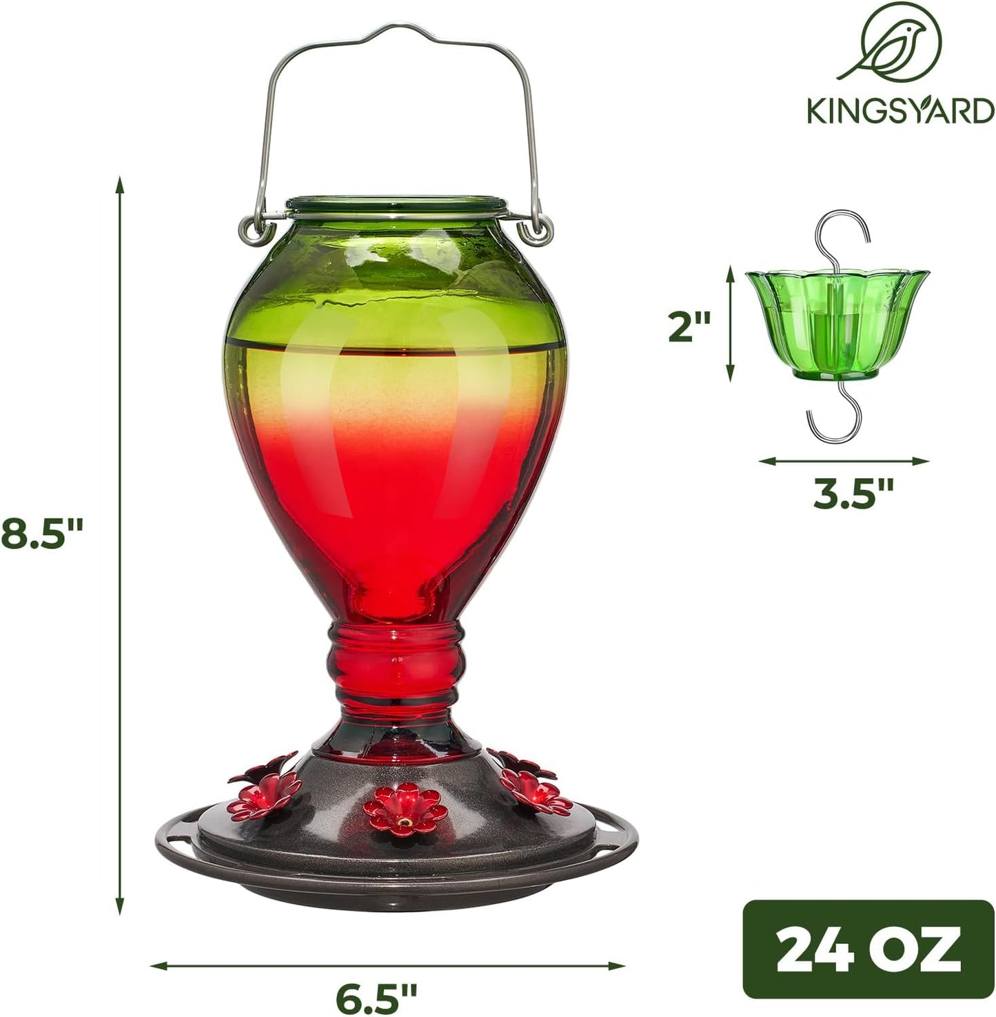 Kingsyard Glass Hummingbird Feeder - 6 Bee Guard Feeding Ports & Ant Moat, 24 oz Leak Proof, Wild Bird Feeder for Outdoors Hanging, Easy to Clean & Refill, Garden Yard Decor, Red & Green