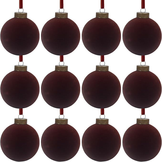 12 Pcs Velvet Christmas Balls Bulk Shatterproof Plastic Christmas Tree Decorations for Decorative Hanging Baubles (12, Coffee, 2.36Inch)