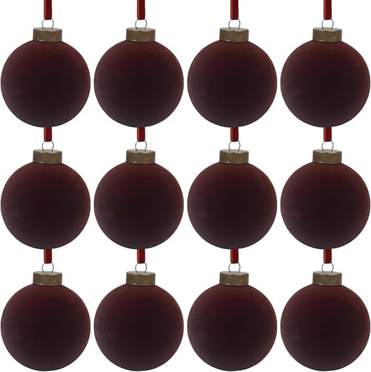 12 Pcs Velvet Christmas Balls Bulk Shatterproof Plastic Christmas Tree Decorations for Decorative Hanging Baubles (12, Coffee, 2.36Inch)
