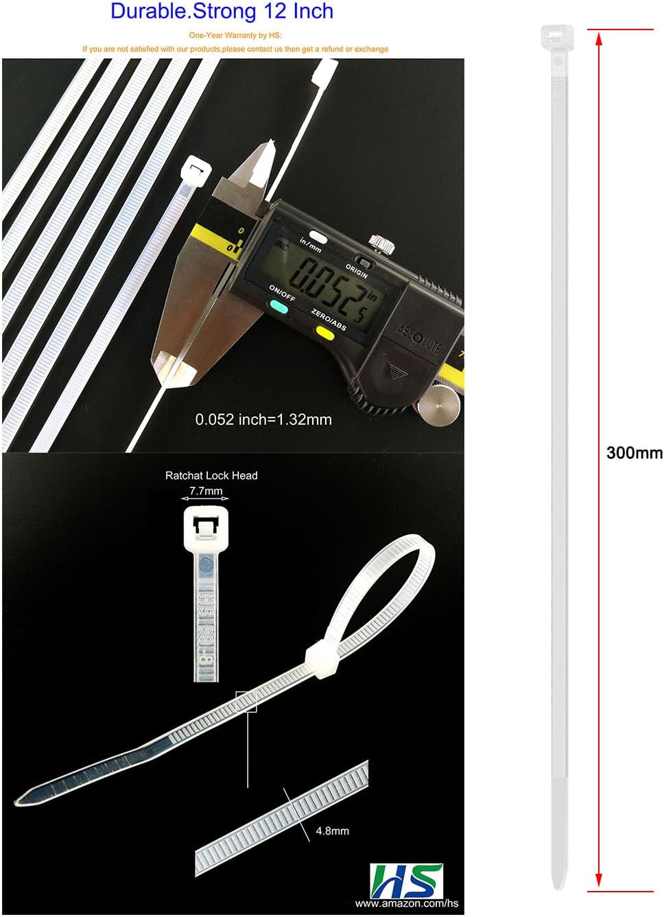 HS White Nylon Cable Ties 12 Inch Zip Ties (1000 Pack) 50 LBS Heavy Duty Clear Zip Ties 12in Plastic Ties Straps for Electrical,Christmas,Weding Fastening