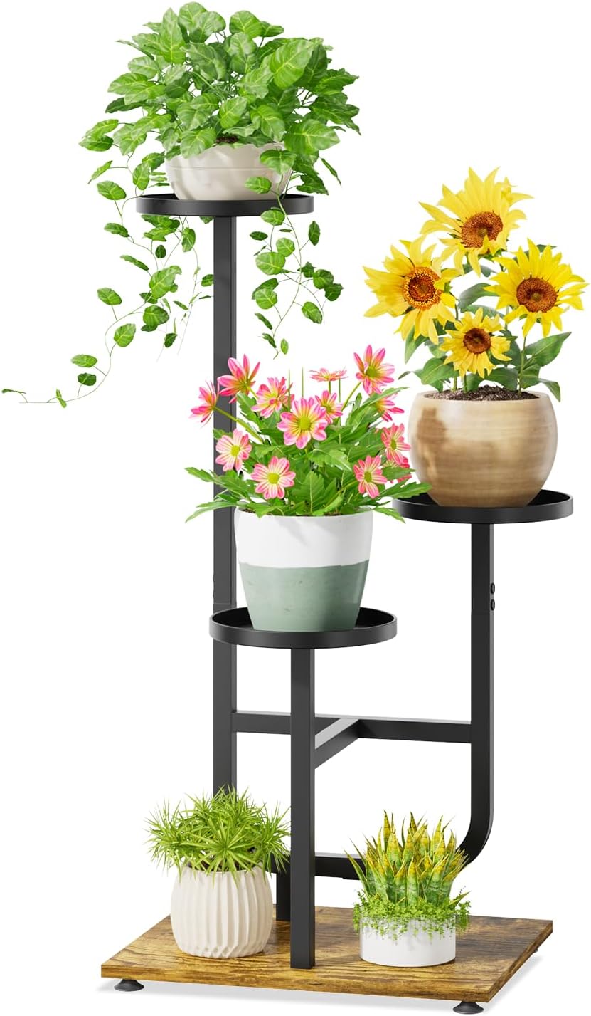 iDavosic.ly 3 Tier Plant Stand Indoor, Corner Tiered Multiple Flower Holder Shelf with Metal Trays, Orchid Display Wooden Rack for Patio Porch Living Room Balcony Outdoor, Modern Black & Rustic Brown