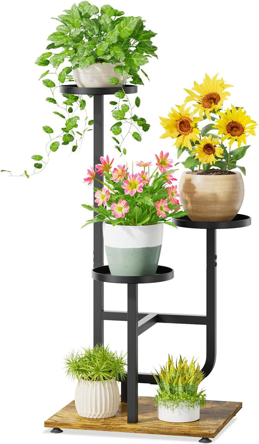iDavosic.ly 3 Tier Plant Stand Indoor, Corner Tiered Multiple Flower Holder Shelf with Metal Trays, Orchid Display Wooden Rack for Patio Porch Living Room Balcony Outdoor, Modern Black & Rustic Brown