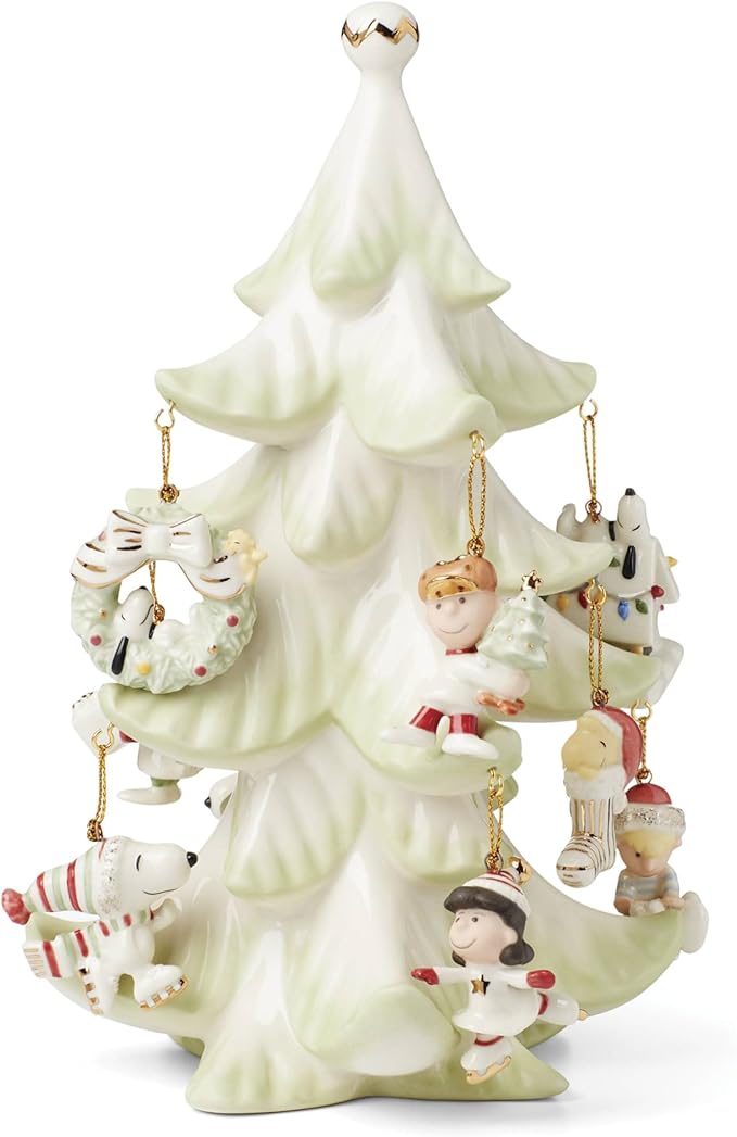 Lenox 6361265 Snoopy & Friends 11-Piece Christmas Tree Ornament Set, Display Stand