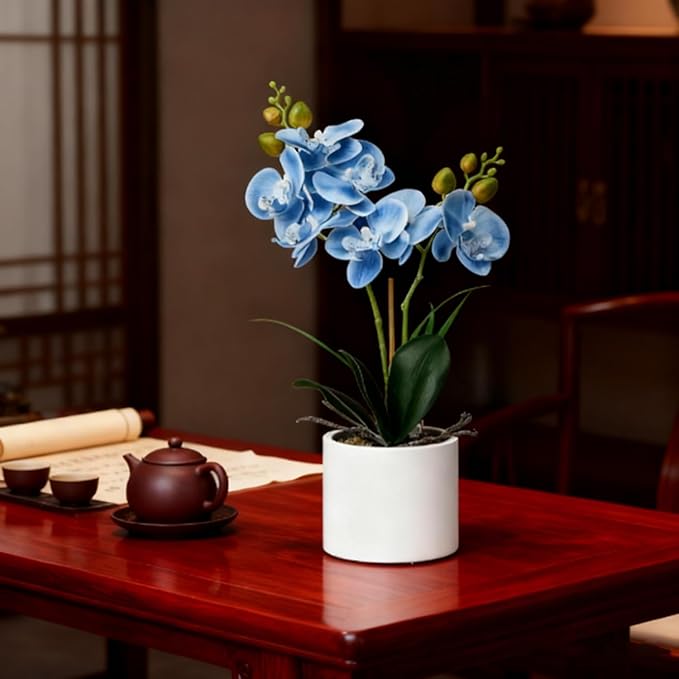 Jusdreen Artificial Blue Orchid in Ceramic Pot, Realistic Phalaenopsis Arrangement with Potting for Home Office Table Decor, 14.5 Inch Flower Centerpiece