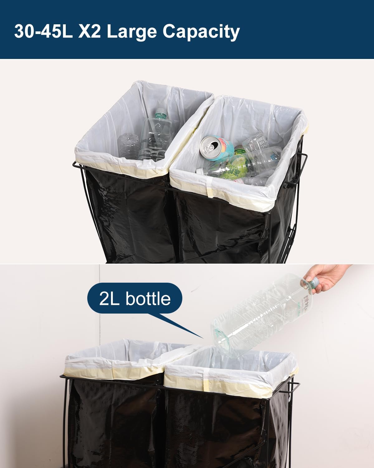 Pull-Out Trash Can for Kitchen Cabinet, Double 13 Gallon Tilt Out Garbage Bins with Soft-Close Slides, Under Sink Stainless Steel Shelf, Easy Installation, Heavy Duty Bags Included (Black)