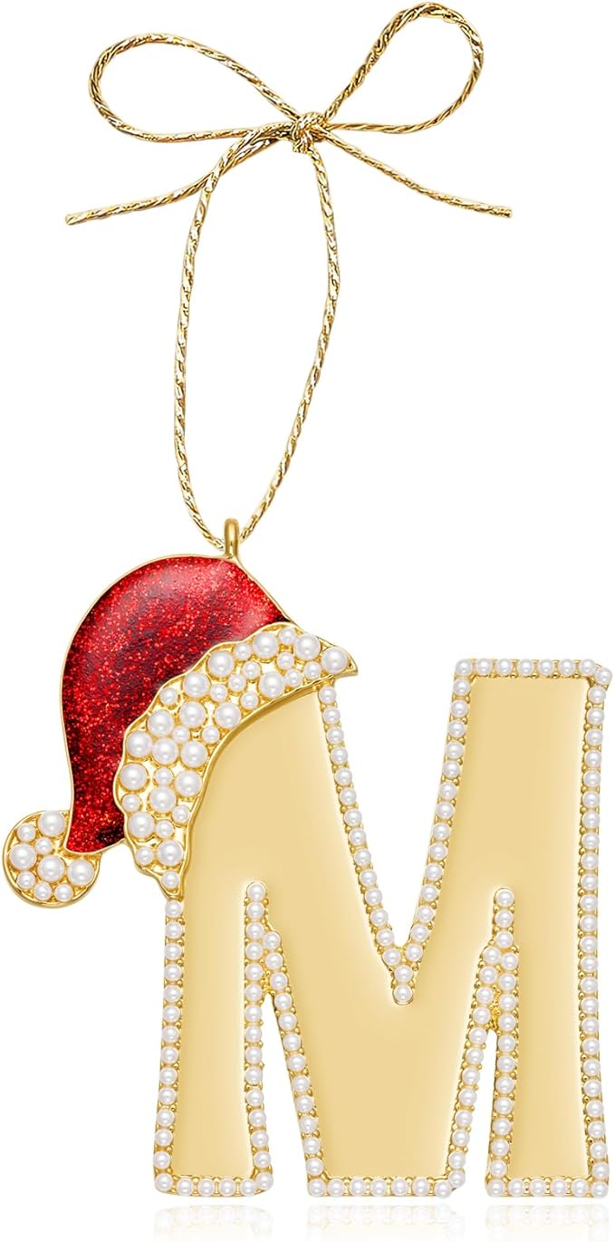 2025 Christmas Initial Ornaments, Letter M Ornaments for Xmas Tree, Red Hat Hanging Ornament for Mother Best Friends Sister Wife|M-Letter Ornament
