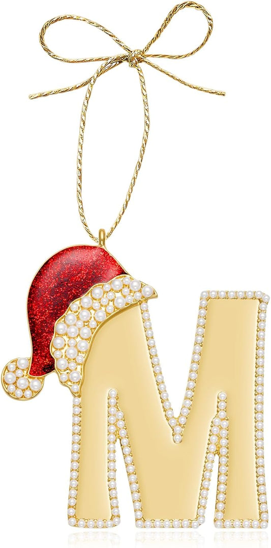 2025 Christmas Initial Ornaments, Letter M Ornaments for Xmas Tree, Red Hat Hanging Ornament for Mother Best Friends Sister Wife|M-Letter Ornament